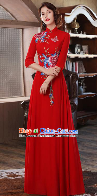 Chinese Stage Show Embroidery Peony Red Qipao Dress Catwalks Costume Classical Dance Cheongsam