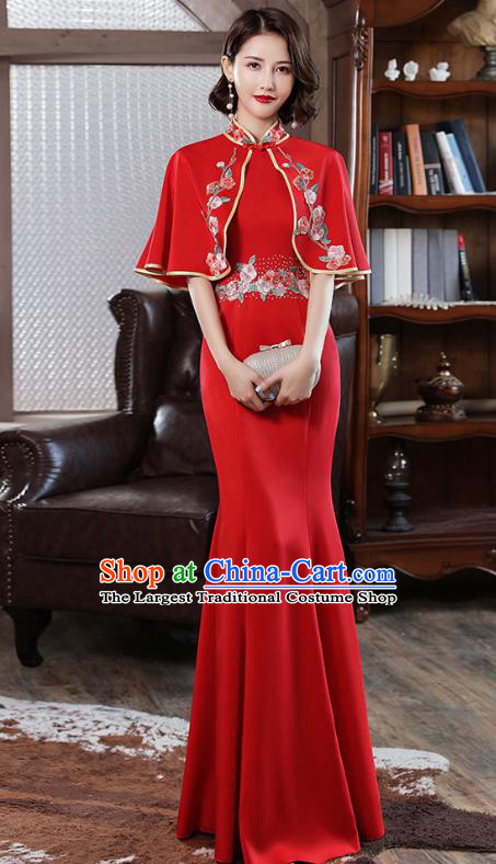 Chinese Modern Catwalks Costume Stage Show Red Qipao Dress Embroidery Tippet Cheongsam