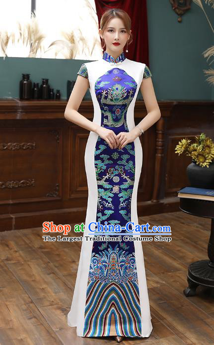 Chinese Royalblue Brocade Cheongsam Modern Catwalks Costume Stage Show Fishtail Qipao Dress