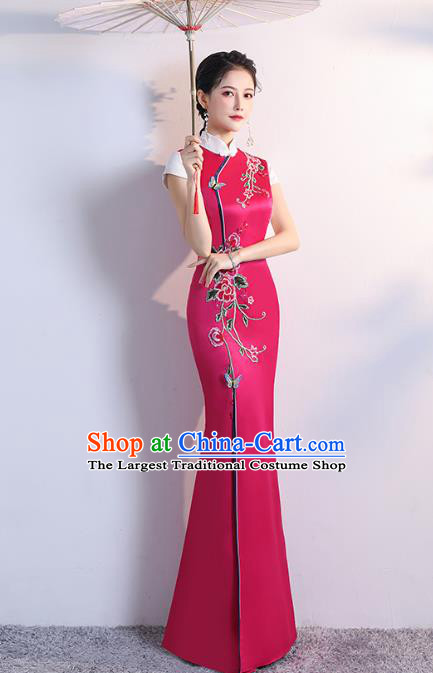 Chinese Embroidered Rosy Satin Cheongsam Modern Dance Costume Stage Show Fishtail Qipao Dress