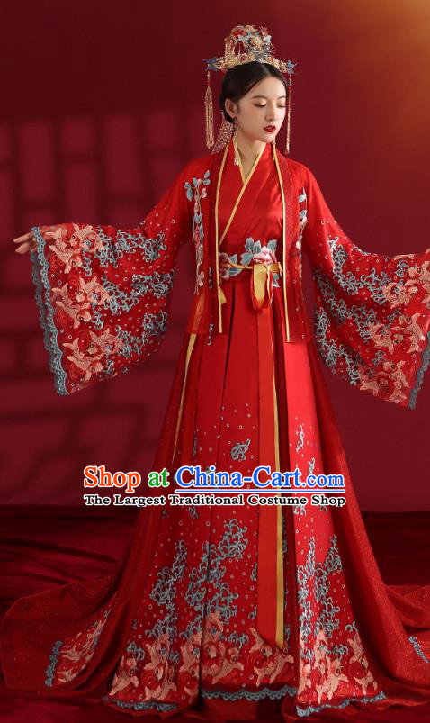 China Classical Embroidered Red Wedding Dress Traditional Ancient Empress Hanfu Costumes