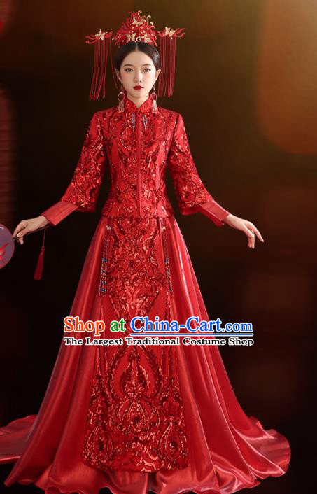 China Traditional Wedding Red Xiuhe Suit Costumes Bride Toast Embroidered Dress