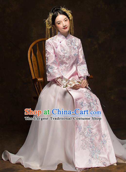 China Traditional Toast Embroidered Pink Dress Wedding Xiuhe Suits Classical Bride Costumes