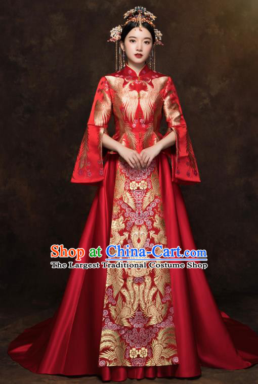 China Wedding Toast Dress Classical Embroidered Phoenix Red Blouse and Skirt Traditional Bride Xiuhe Suit Costumes