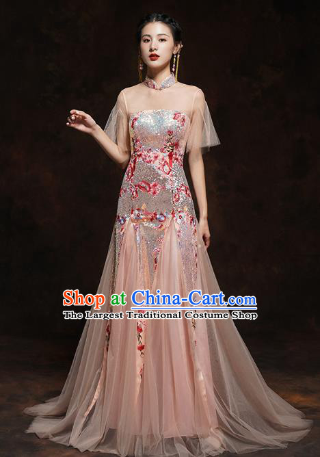 Chinese Traditional Wedding Bride Champagne Veil Cheongsam Clothing Classical Embroidered Sequins Toast Dress