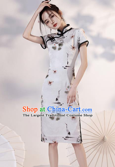 Chinese Young Lady Short Cheongsam Clothing Modern Dance Printing Cranes White Qipao Dress