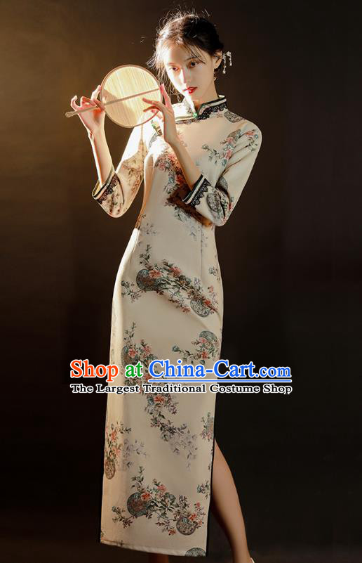 China Traditional Printing White Suede Fabric Qipao Dress National Young Woman Stage Performance Cheongsam