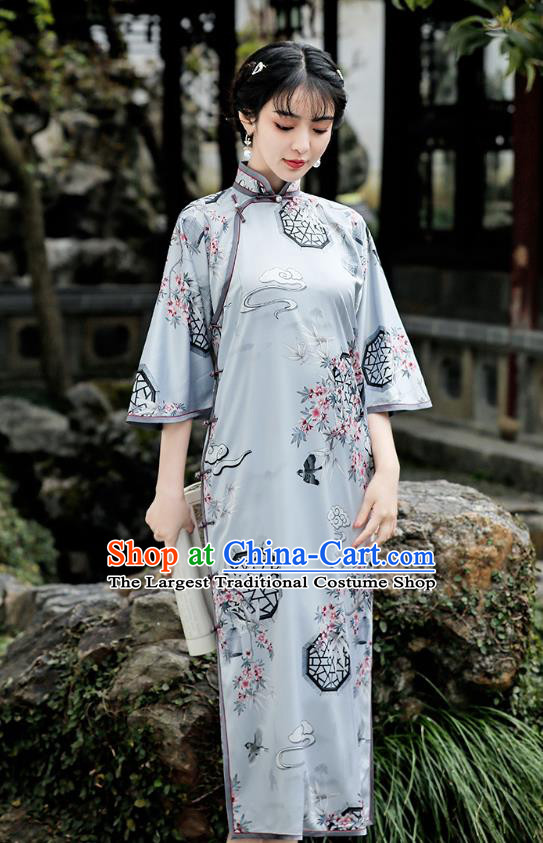 Republic of China Traditional Printing Light Green Qipao Dress National Young Woman Cheongsam