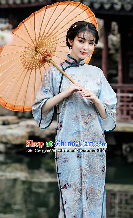 Republic of China Traditional Wide Sleeve Qipao Dress National Young Woman Printing Light Blue Cheongsam