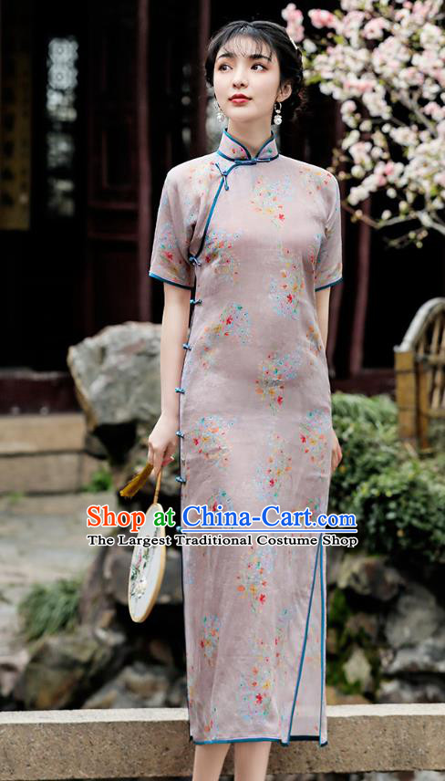 Republic of China Young Lady Cheongsam Traditional Printing Flowers Grey Flax Qipao Dress