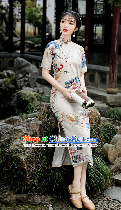 Republic of China Traditional Stand Collar Qipao Dress National Young Lady Printing Fan Cheongsam