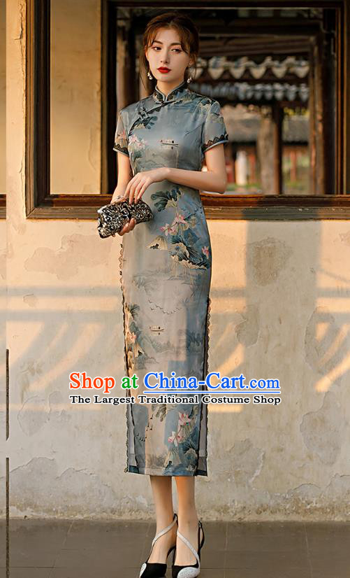 Republic of China Shanghai National Printing Lotus Grey Cheongsam Traditional Young Lady Qipao Dress