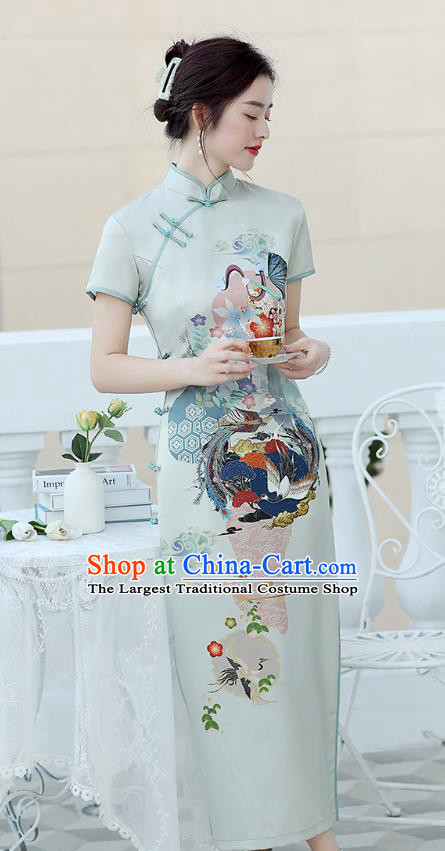 Republic of China National Printing Cheongsam Traditional Shanghai Young Lady Light Green Qipao Dress