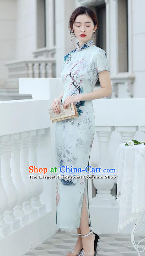 Republic of China National Light Blue Cheongsam Traditional Shanghai Young Lady Printing Peony Qipao Dress