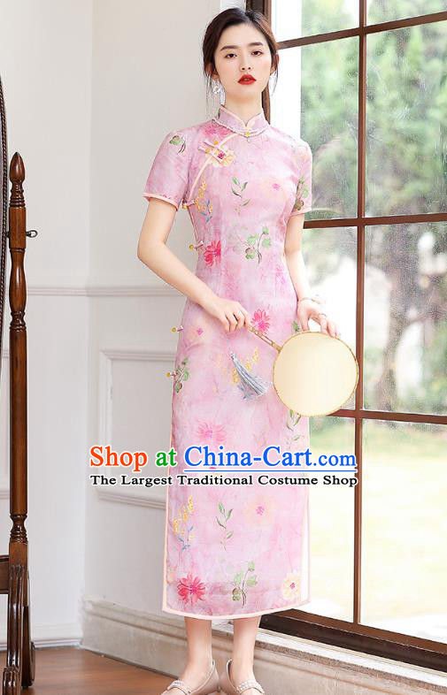 Republic of China National Printing Pink Flax Cheongsam Traditional Young Lady Classical Dance Qipao Dress