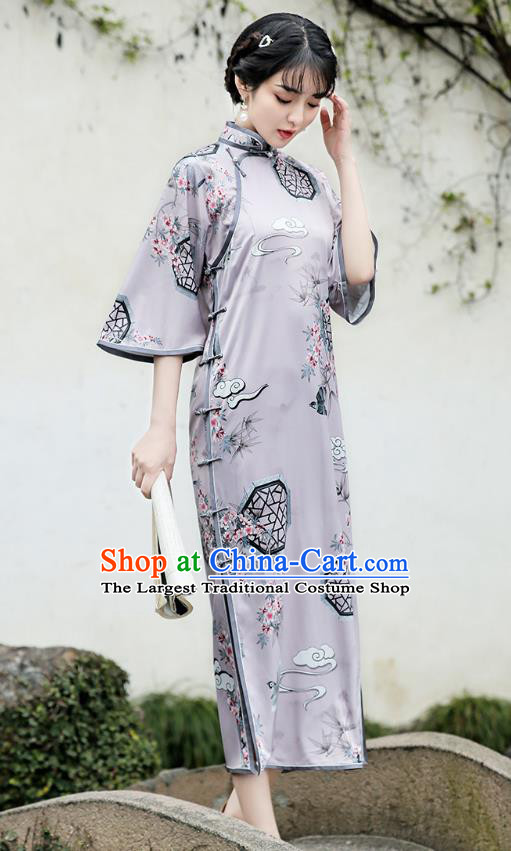 Republic of China Traditional Wide Sleeve Qipao Dress National Young Lady Printing Lilac Cheongsam