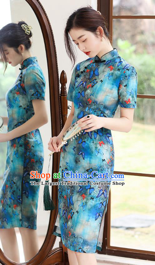 Republic of China National Printing Butterfly Blue Ramine Cheongsam Traditional Young Lady Short Qipao Dress