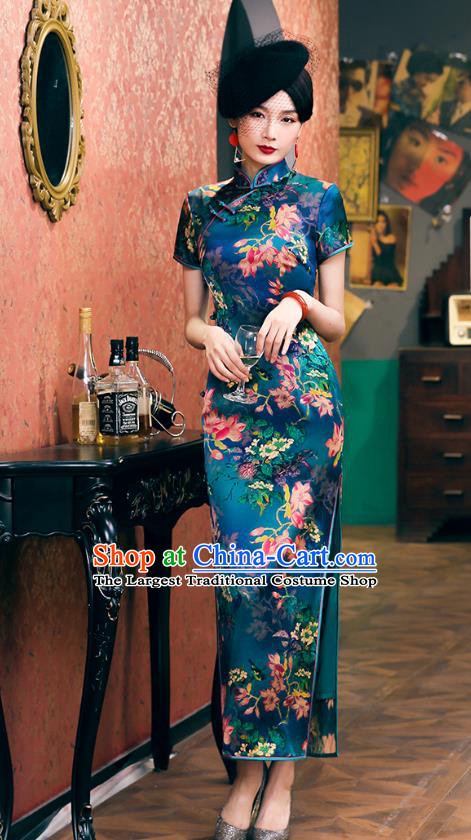 China Classical Mangnolia Pattern Cheongsam Traditional Shanghai Young Lady Blue Silk Qipao Dress