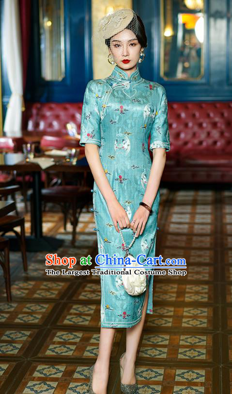 China Classical Stand Collar Cheongsam Traditional Minguo Shanghai Young Lady Printing Green Qipao Dress