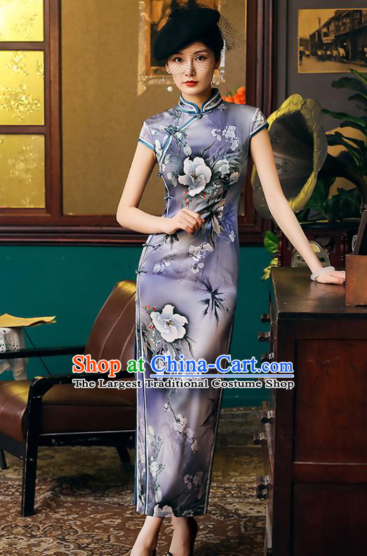 China Classical Printing Flowers Violet Cheongsam Traditional Minguo Shanghai Young Beauty Qipao Dress