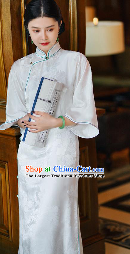 Republic of China Classical Shanghai White Silk Qipao Dress Traditional Minguo Young Lady Cheongsam