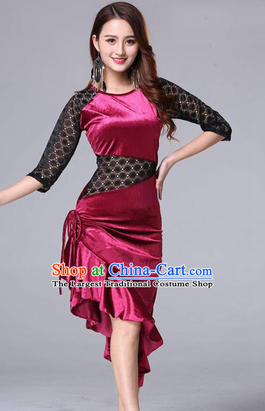 Asian Raks Sharki Oriental Dance Costumes Indian Belly Dance Training Rosy Velvet Dress