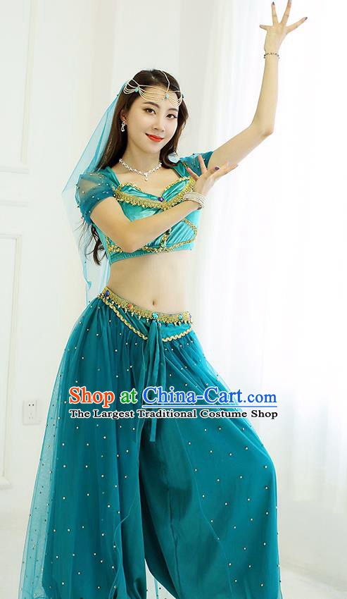 Indian Folk Dance Performance Clothing Belly Dance Bollywood Princess Jasmine Blue Top and Pants Uniforms