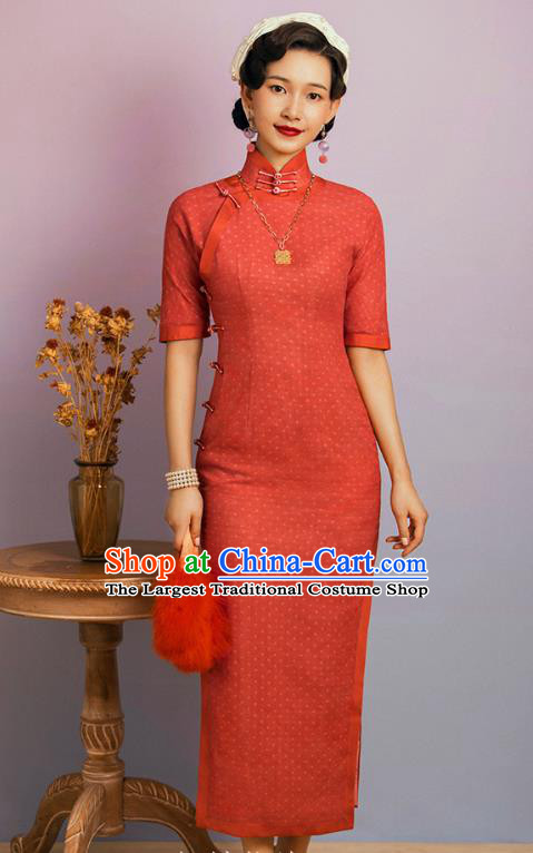 China Classical Stage Performance Cheongsam Traditional Shanghai Young Beauty Red Flax Qipao Dress