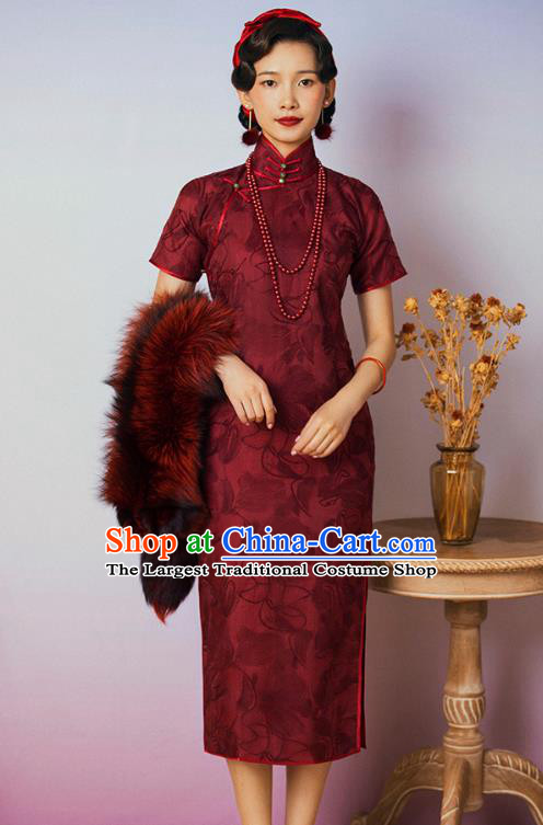 China Classical Upper Outer Garment Cheongsam Traditional Minguo Shanghai Wine Red Silk Qipao Dress