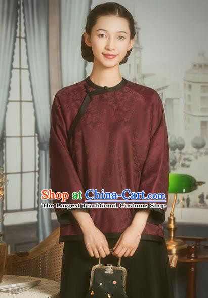 Chinese National Upper Outer Garment Clothing Tang Suit Wine Red Silk Cheongsam Shirt