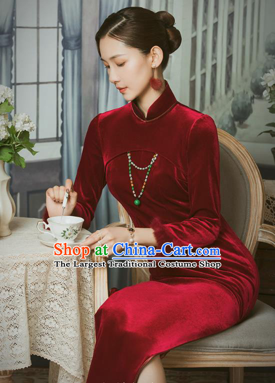 China Classical Wine Red Velvet Cheongsam Traditional Minguo Shanghai Young Woman Qipao Dress