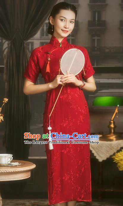 China Classical Wedding Bride Cheongsam Traditional Minguo Shanghai Woman Red Silk Qipao Dress