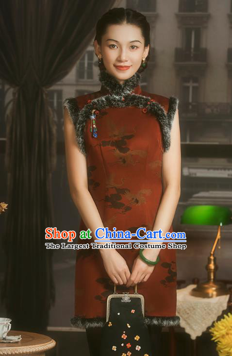 China Classical Crane Pattern Red Silk Cheongsam Traditional Minguo Cotton Wadded Sleeveless Qipao Dress