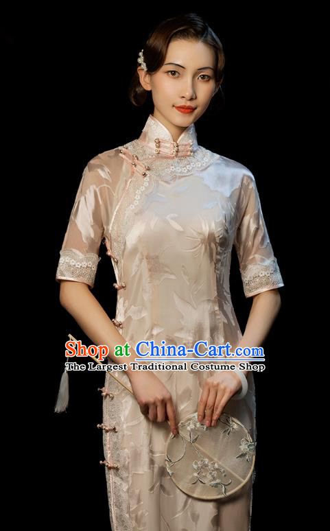 China Traditional Minguo Stand Collar Qipao Dress Classical Old Shanghai Light Pink Cheongsam