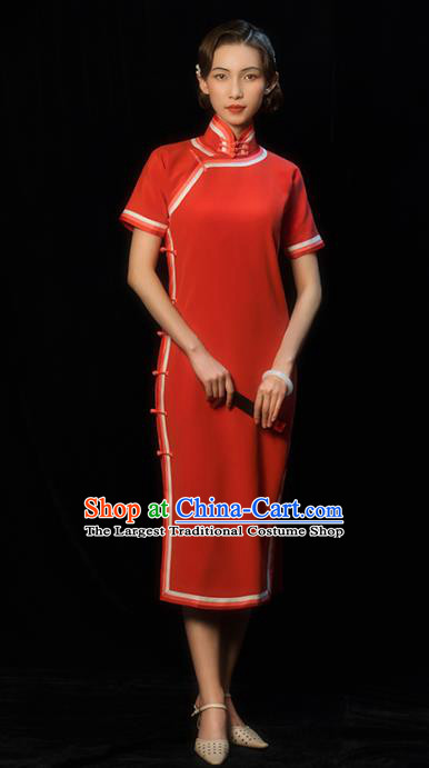 China Traditional Minguo Shanghai Woman Qipao Dress Classical Wedding Bride Red Silk Cheongsam