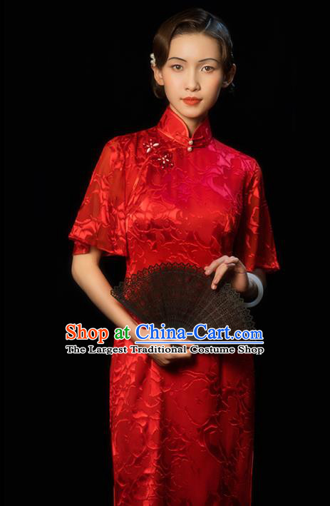 China Classical Wedding Bride Red Cheongsam Traditional Minguo Young Woman Wide Sleeve Qipao Dress