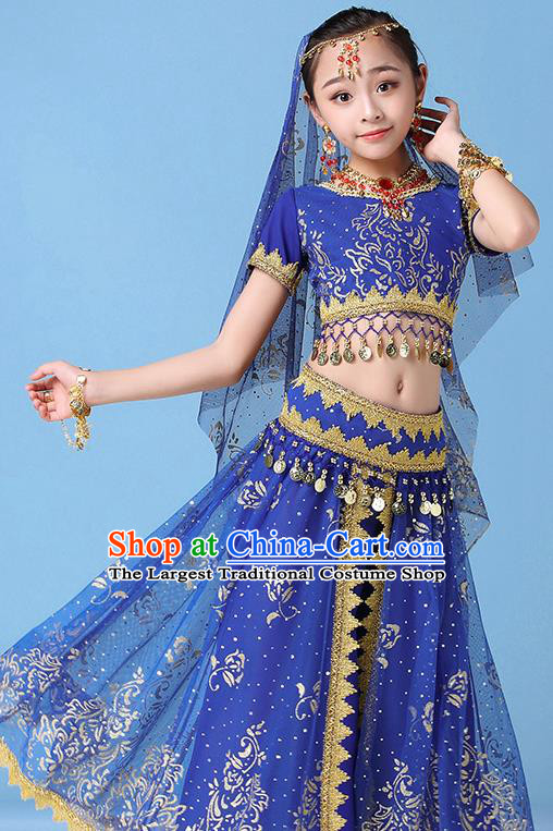 Indian Children Dance Clothing Girls Belly Dance Royalblue Uniforms Bollywood Performance Top and Skirt