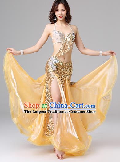 Asian Oriental Dance Performance Costume Professional Indian Belly Dance Bra and Golden Skirt