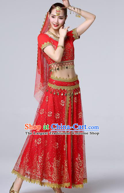 Indian Dance Performance Clothing Belly Dance Uniforms Bollywood Tianzhu Lady Red Blouse and Skirt