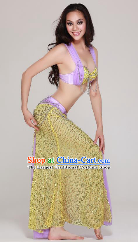 Asian Oriental Dance Apparels Stage Performance Costume Professional Indian Belly Dance Bra and Sequins Lilac Skirt