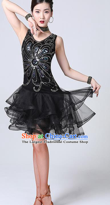 Top Stage Performance Dancewear Modern Cha Cha Dance Clothing Latin Dance Competition Black Bubble Dress