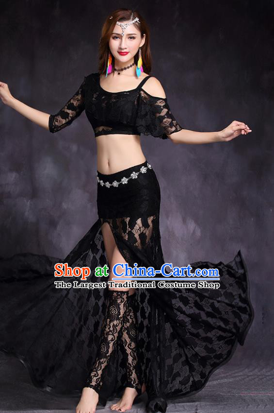 Professional Belly Dance Stage Performance Costume Indian Raks Sharki Black Lace Top and Skirt Asian Oriental Dance Uniforms