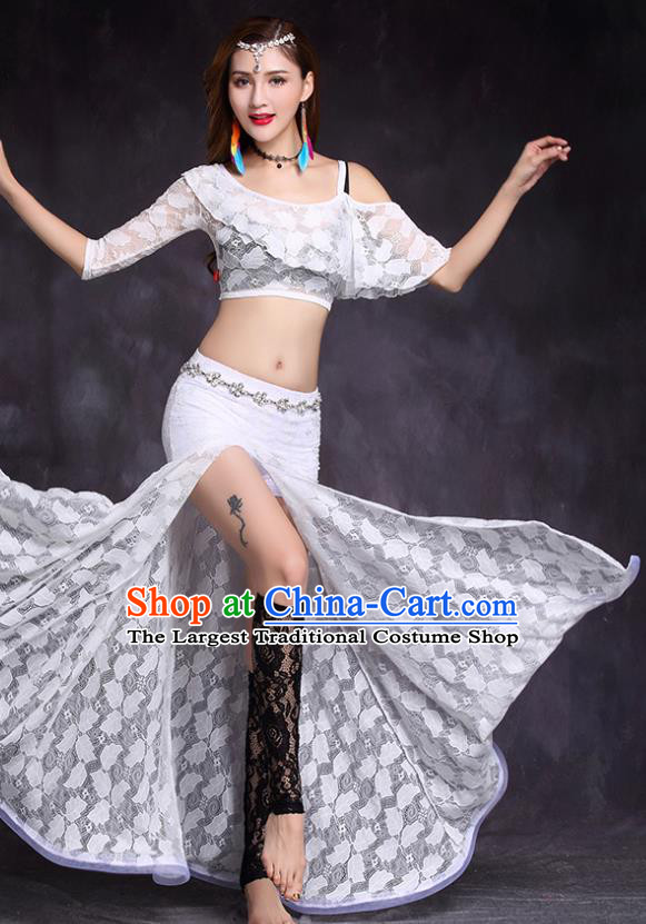 Professional Asian Oriental Dance Uniforms Belly Dance Stage Performance Costume Indian Raks Sharki White Lace Top and Skirt