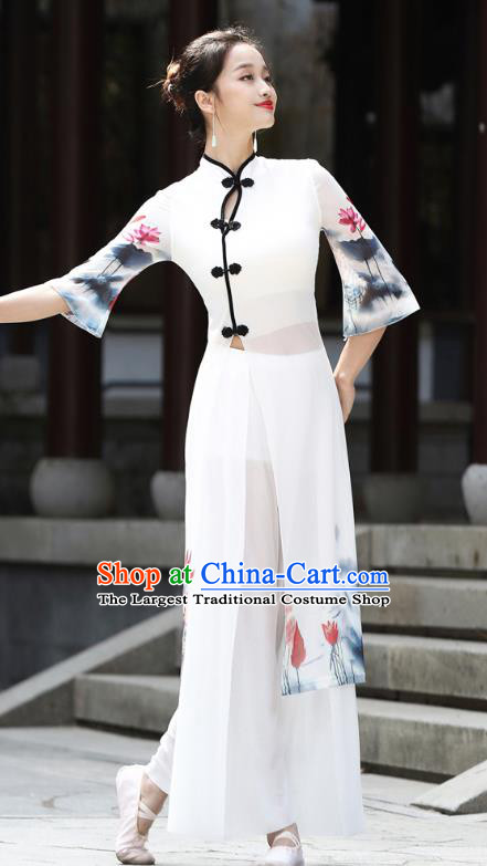 China Stage Performance Dancewear Classical Dance Clothing Ink Painting Lotus White Top Dress