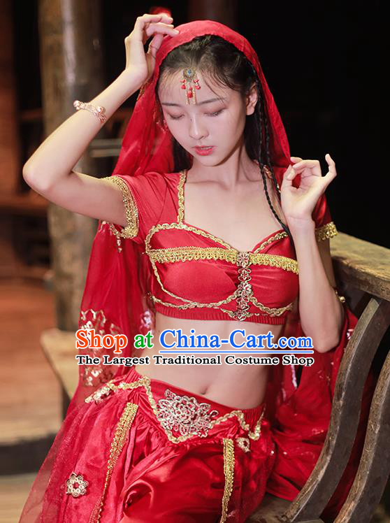 Asian Bollywood Performance Clothing Indian Jasmine Princess Red Sequins Blouse and Skirt Traditional Belly Dance Uniforms