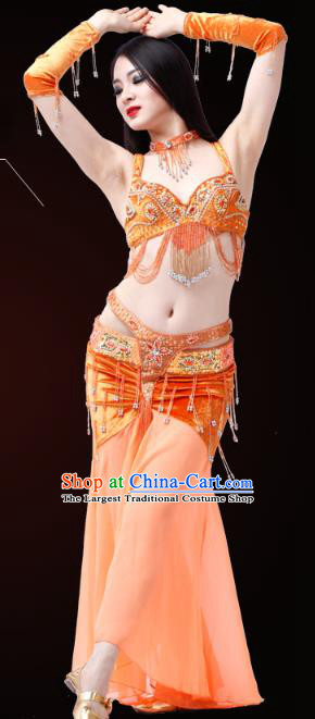 Asian Indian Belly Dance Costumes Oriental Dance Orange Bra and Skirt Stage Performance Uniforms