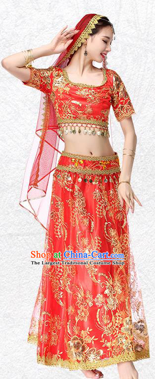 Asian Bollywood Performance Costume Embroidered Red Blouse and Skirt Indian Dance Dress Clothing