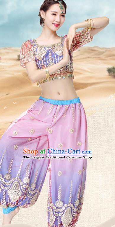 Indian Stage Performance Blue Blouse and Pink Pants Traditional Dance Dress Asian Belly Dance Costume