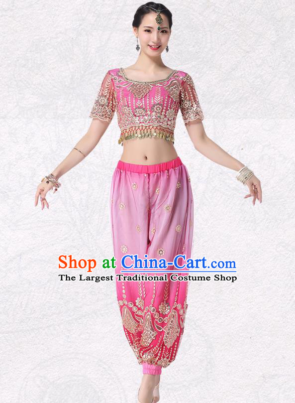 Asian Belly Dance Costume Indian Stage Performance Pink Blouse and Pink Pants Traditional Dance Dress