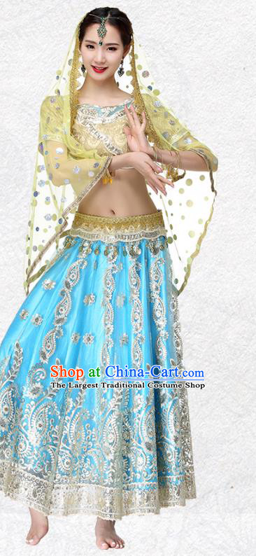 Asian Traditional Bollywood Performance Dress Belly Dance Costume Indian Dance Golden Top and Blue Skirt